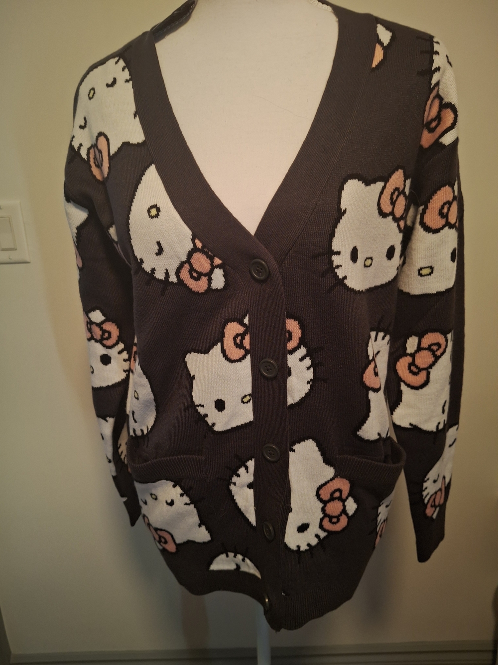 NWT Hello Kitty Brown Sanrio Button-Up Cardigan. Kitty W. Pink Bows. Ladies XS. - Picture 12 of 12
